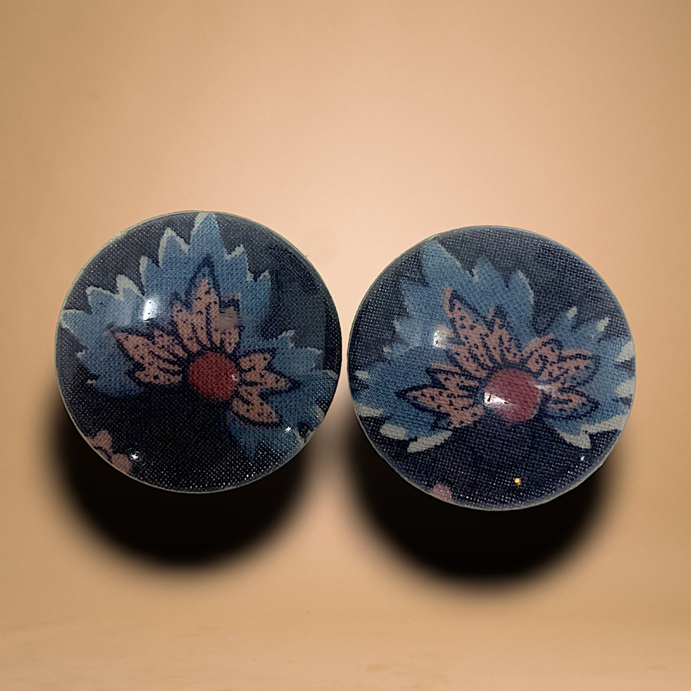 Vintage 1980's Floral Textile Acrylic Button Earrings Dusty Blue Clip On Carded